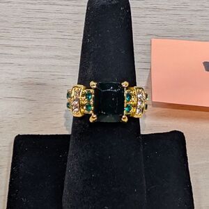 Gold Tone Emerald Green CZ Cocktail Ring Size 7 Vintage Style Statement